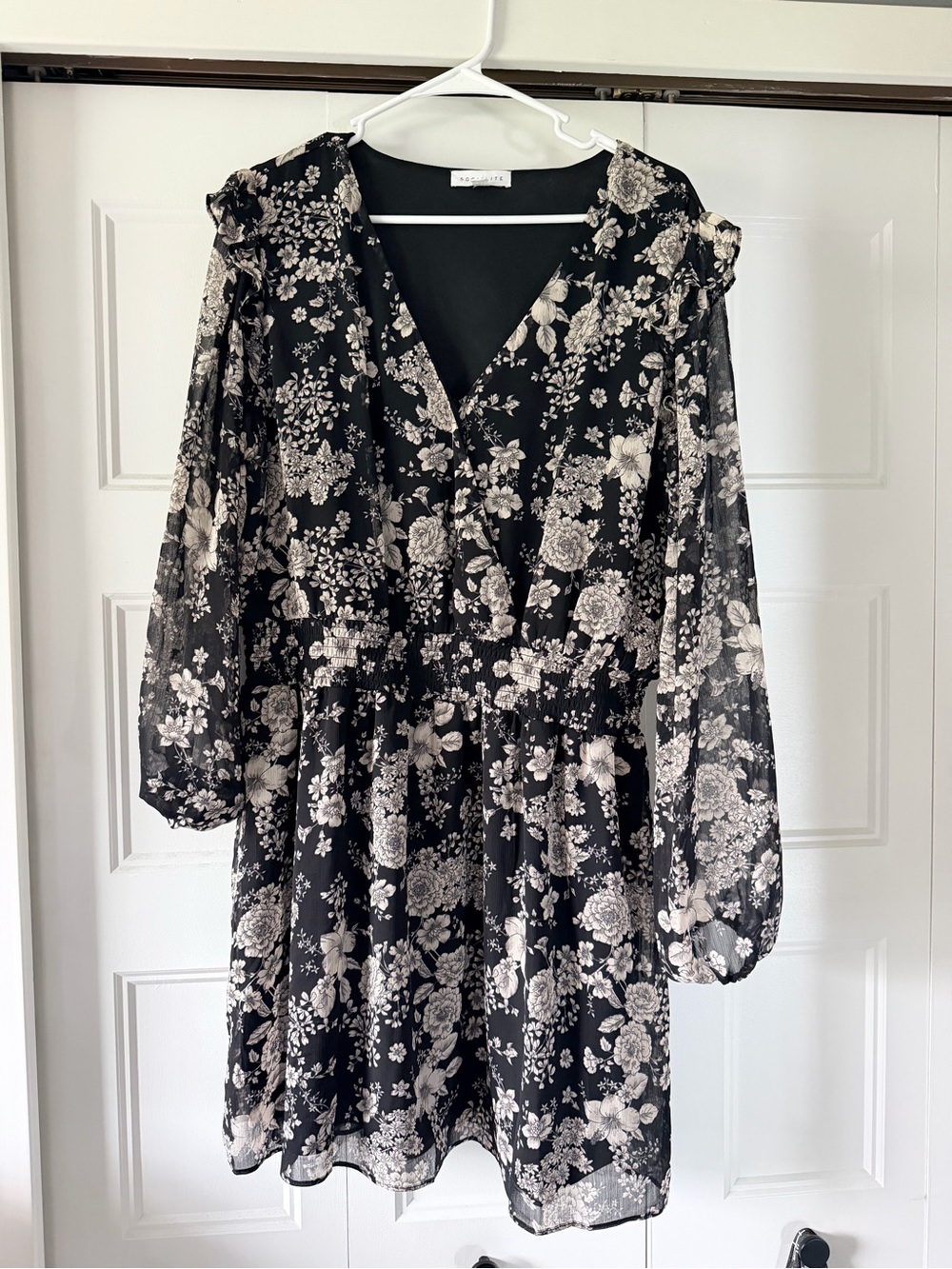 Socialite Black Floral V-Neck Long Sleeve Dress